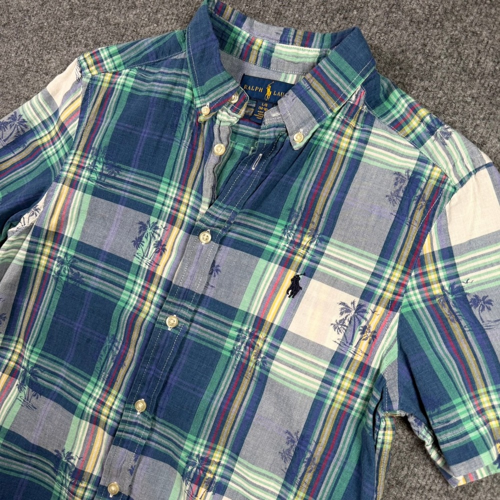 Ralph Lauren Button Down Boy L 14-16 Blue Green Plaid Palm Tree Short Sleeve